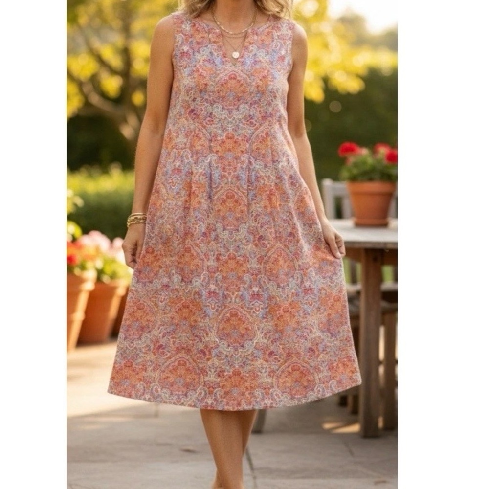 J. Jill Linen Paisley Print Midi Dress in Orange and Pink